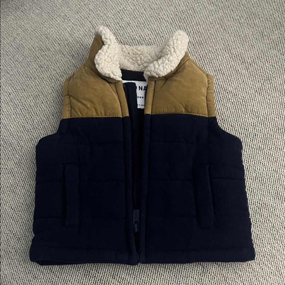 Old Navy Tan and Navy Puffer Vest with Sherpa Lining